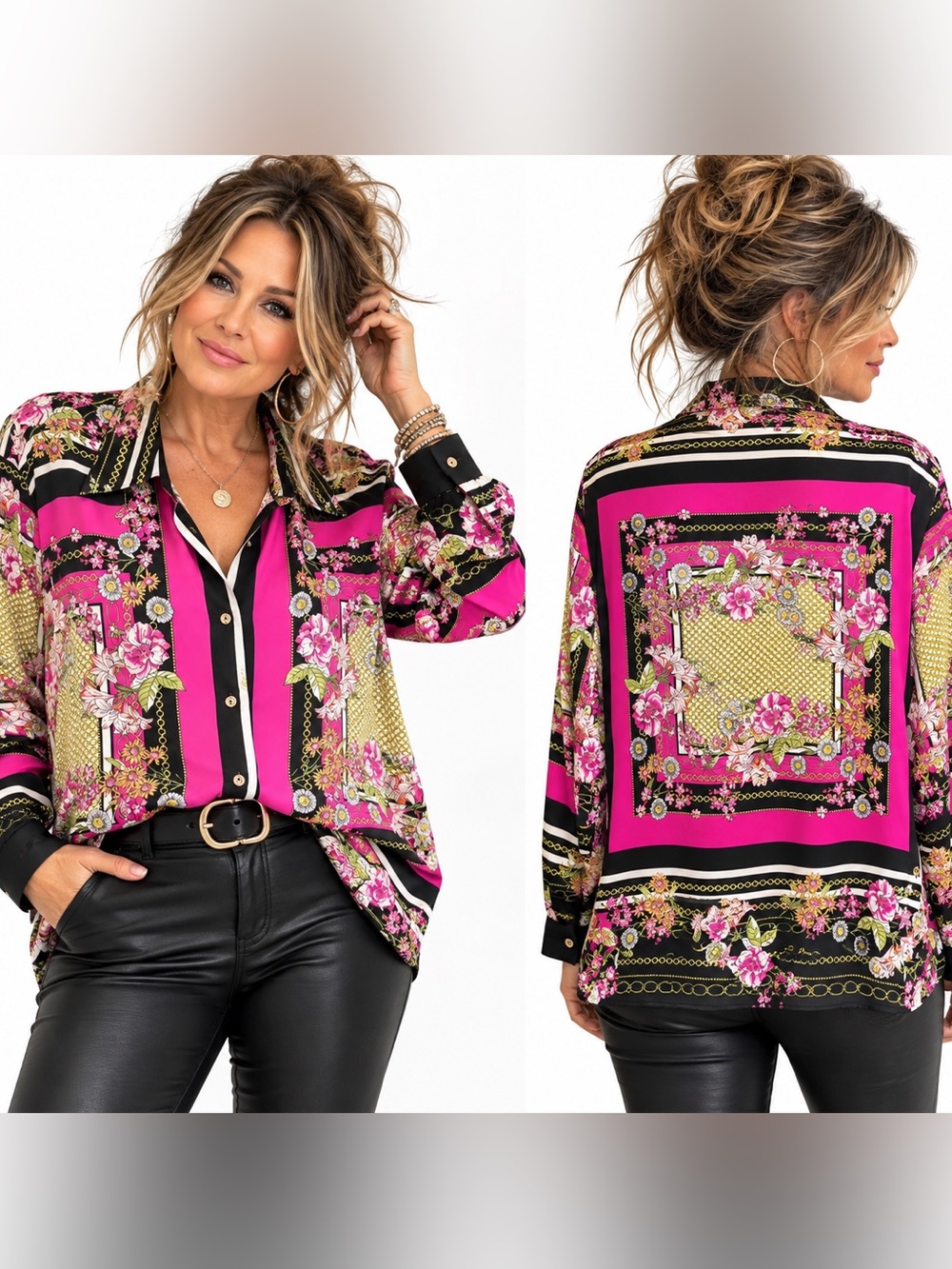 Joseph Ribkoff Pink Floral Chain Print Button Down Blouse Size 20